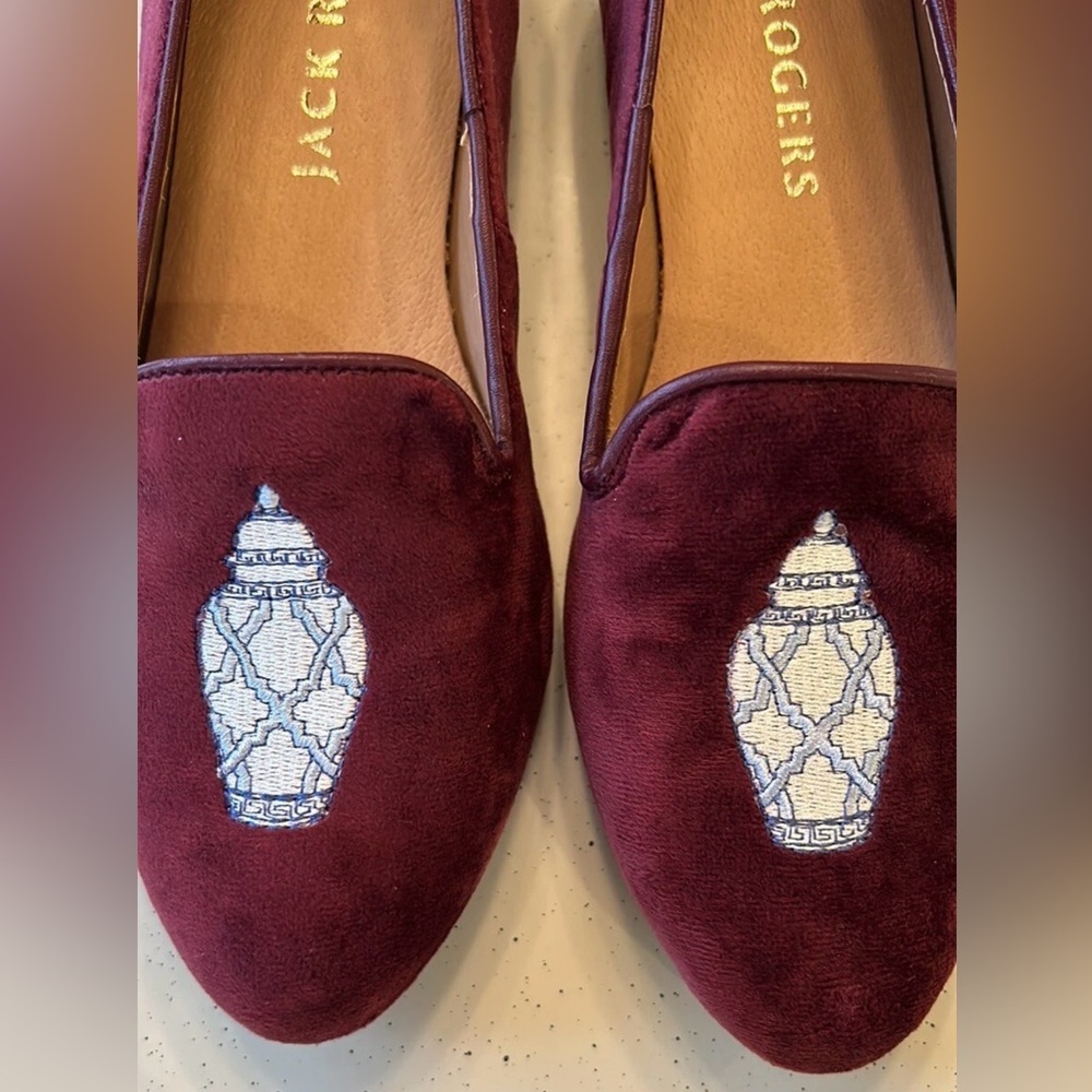 Jack Rogers Ginger Jar Bordeaux Velvet Loafers with Embroidered Detail
